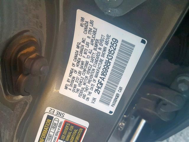 2HGFA16998H315259 - 2008 HONDA CIVIC EXL GRAY photo 10