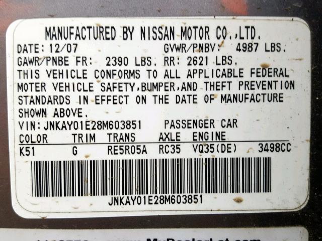 JNKAY01E28M603851 - 2008 INFINITI M35 BASE GRAY photo 10