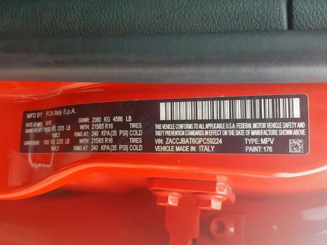 ZACCJBAT6GPC59224 - 2016 JEEP RENEGADE S RED photo 10
