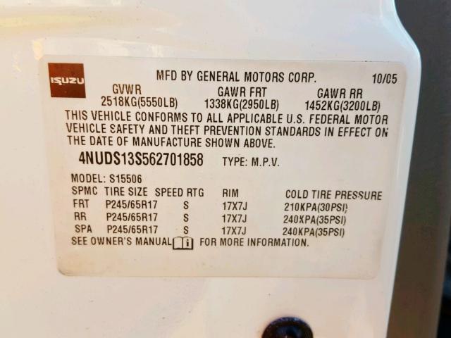4NUDS13S562701858 - 2006 ISUZU ASCENDER S WHITE photo 10