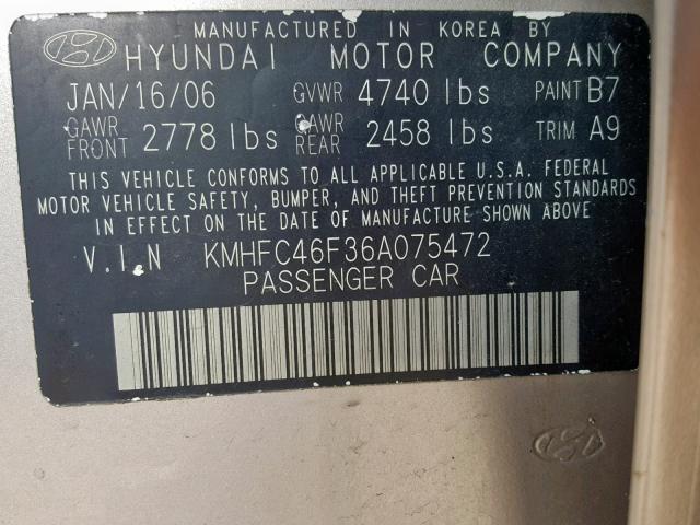 KMHFC46F36A075472 - 2006 HYUNDAI AZERA SE TAN photo 10