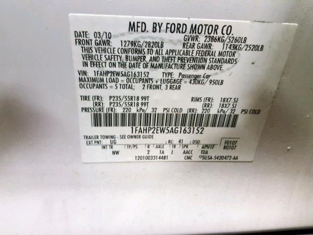 1FAHP2EW5AG163152 - 2010 FORD TAURUS SEL WHITE photo 10