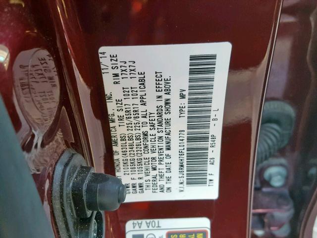 5J6RM4H76FL014779 - 2015 HONDA CR-V EXL MAROON photo 10