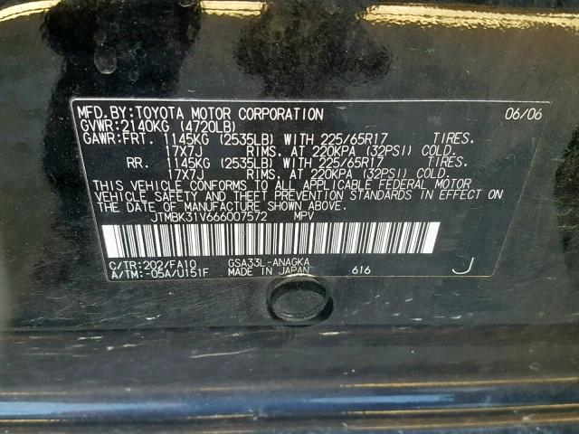 JTMBK31V666007572 - 2006 TOYOTA RAV4 LIMIT BLACK photo 10