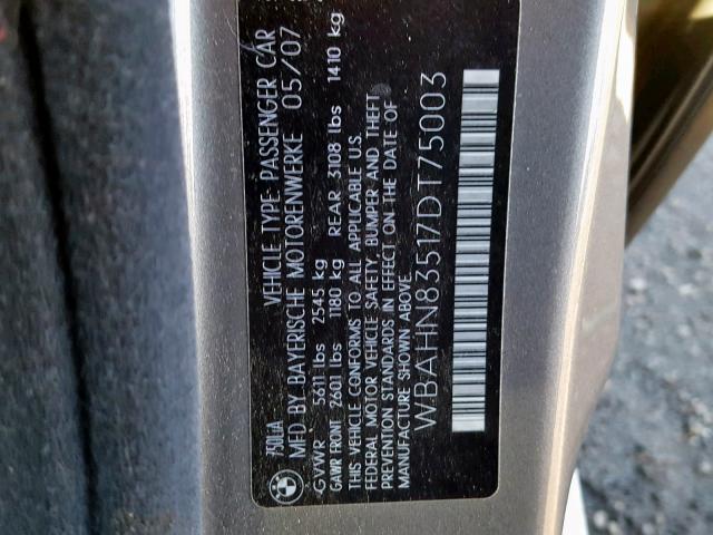 WBAHN83517DT75003 - 2007 BMW 750 SILVER photo 10