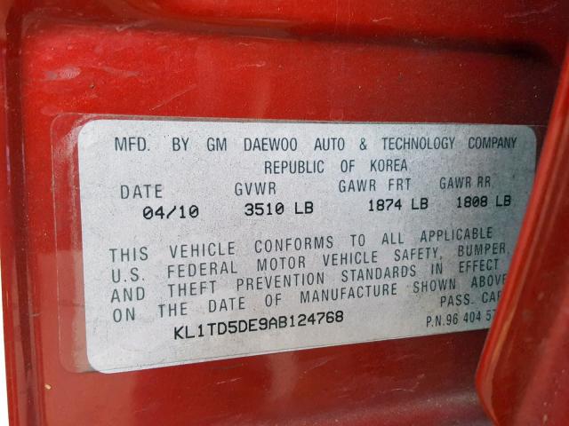 KL1TD5DE9AB124768 - 2010 CHEVROLET AVEO LS RED photo 10