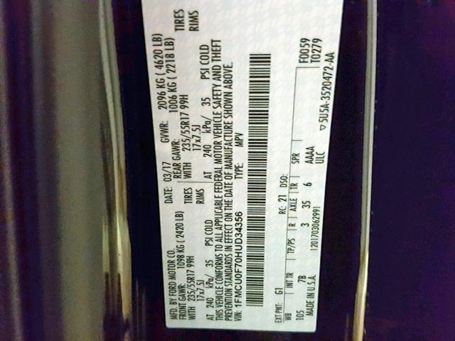 1FMCU0F70HUD34356 - 2017 FORD ESCAPE S BLACK photo 10