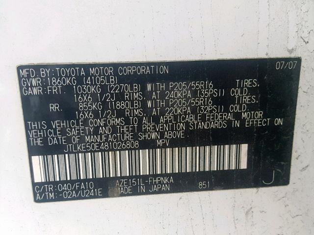 JTLKE50E481026808 - 2008 TOYOTA SCION XB Ақ фото 10