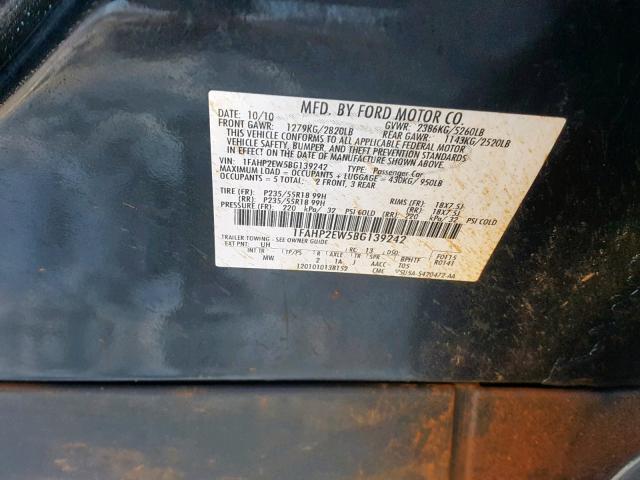 1FAHP2EW5BG139242 - 2011 FORD TAURUS SEL BLACK photo 10