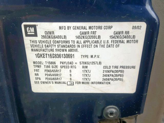 1GKET16S836130691 - 2003 GMC ENVOY XL BLUE photo 10