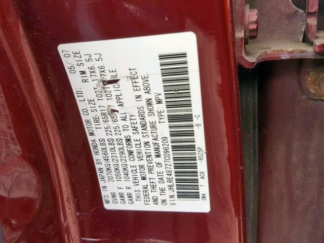 JHLRE48727C096209 - 2007 HONDA CR-V EXL MAROON photo 10