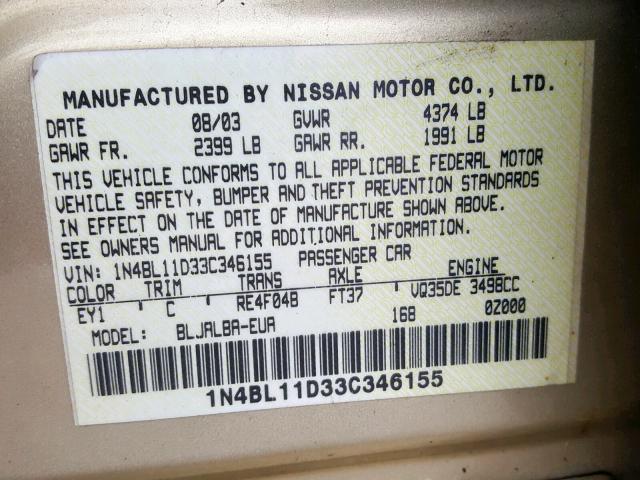 1N4BL11D33C346155 - 2003 NISSAN ALTIMA SE GOLD photo 10