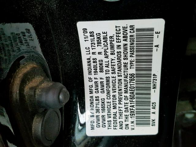 19XFA1F60AE017656 - 2010 HONDA CIVIC BLACK photo 10