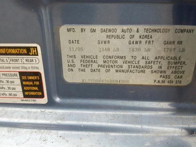 KL1TD56636B584960 - 2006 CHEVROLET AVEO BASE Көк фото 10