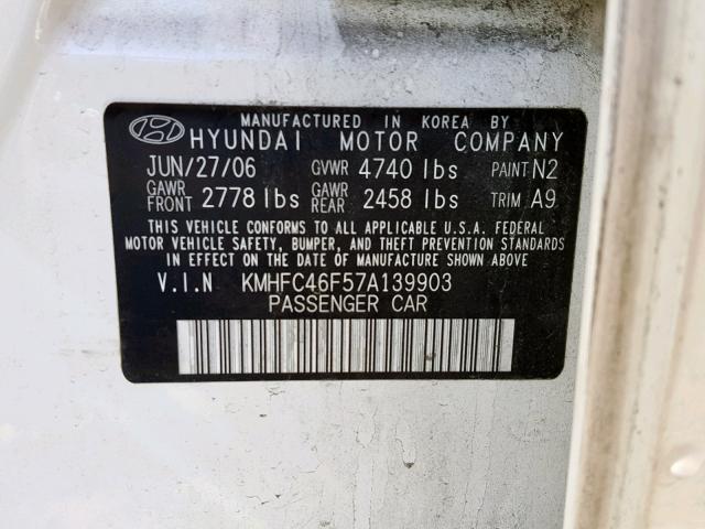 KMHFC46F57A139903 - 2007 HYUNDAI AZERA SE WHITE photo 10