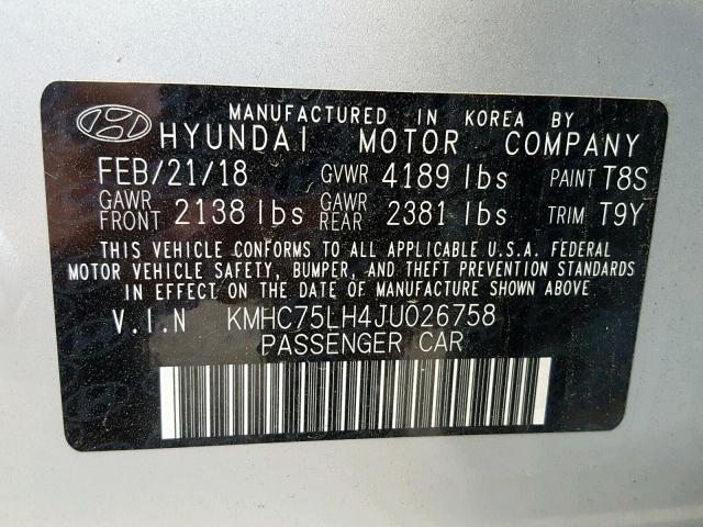 KMHC75LH4JU026758 - 2018 HYUNDAI IONIQ ELEC SILVER photo 10