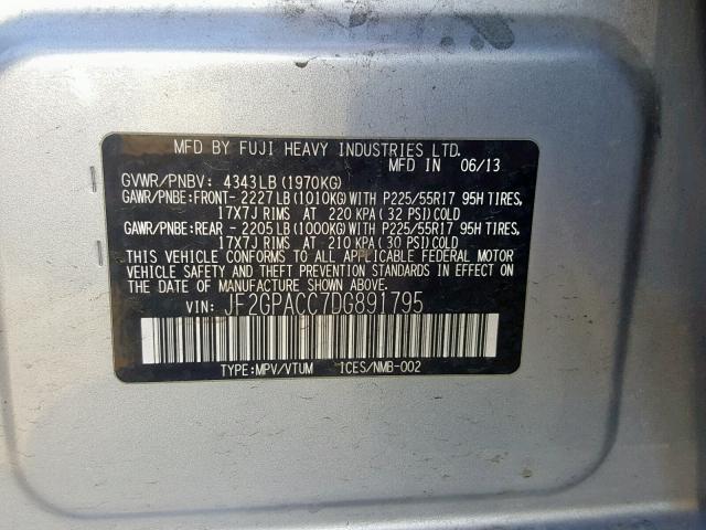 JF2GPACC7DG891795 - 2013 SUBARU XV CROSSTR SILVER photo 10