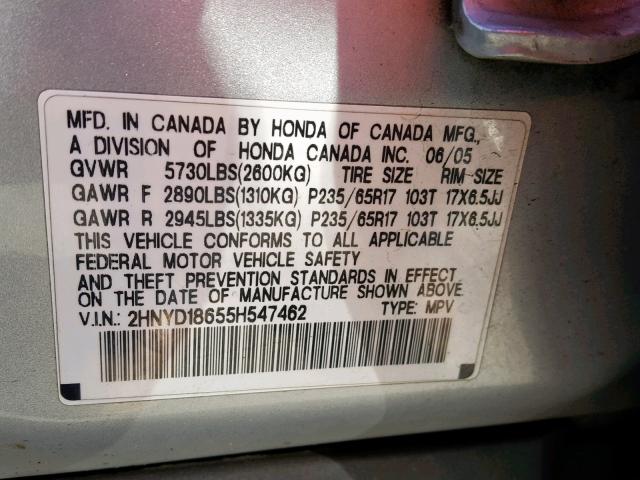 2HNYD18655H547462 - 2005 ACURA MDX TOURIN SILVER photo 10