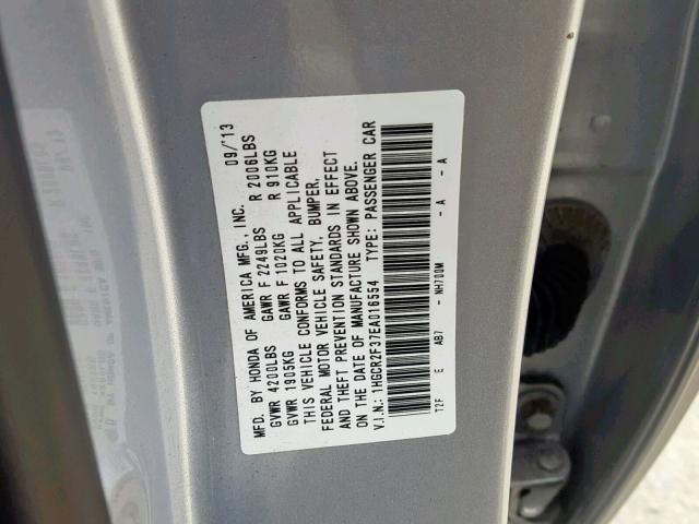 1HGCR2F37EA016554 - 2014 HONDA ACCORD LX SILVER photo 10