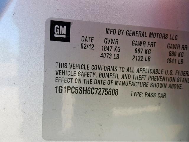 1G1PC5SH6C7275608 - 2012 CHEVROLET CRUZE LS SILVER photo 10