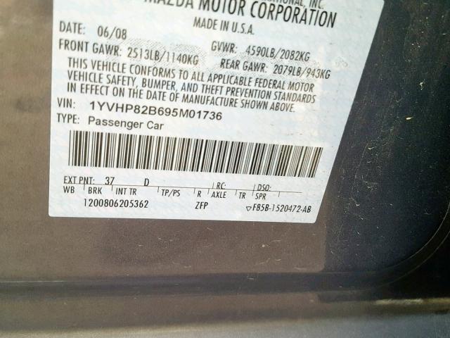 1YVHP82B695M01736 - 2009 MAZDA 6 S GRAY photo 10