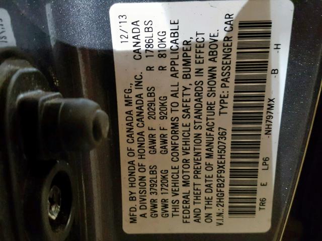 2HGFB2F9XEH507367 - 2014 HONDA CIVIC EXL CHARCOAL photo 10