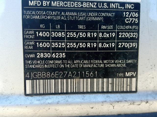 4JGBB86E27A211561 - 2007 MERCEDES-BENZ ML 350 SILVER photo 10