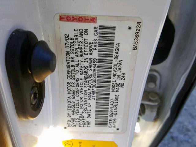 JTHBF30G020085459 - 2002 LEXUS ES 300 WHITE photo 10