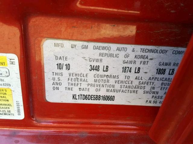 KL1TD6DE5BB160660 - 2011 CHEVROLET AVEO LS BURGUNDY photo 10