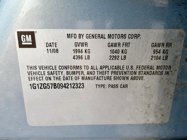 1G1ZG57B094212323 - 2009 CHEVROLET MALIBU LS 蓝色 照片 10