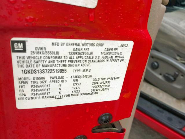 1GKDS13S722519055 - 2002 GMC ENVOY RED photo 10