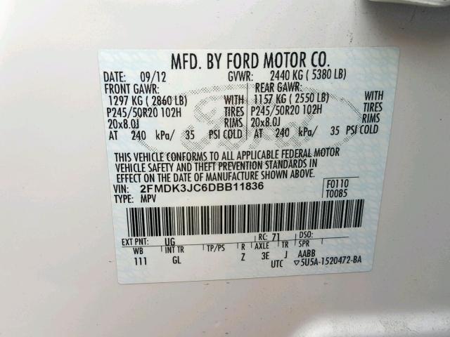 2FMDK3JC6DBB11836 - 2013 FORD EDGE SEL WHITE photo 12