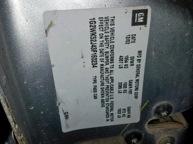 1G2WK52J43F160234 - 2003 PONTIAC GRAND PRIX ვერცხლისფერი ფოტო 10