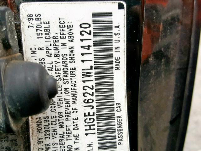 1HGEJ6221WL114120 - 1998 HONDA CIVIC DX BLACK photo 10