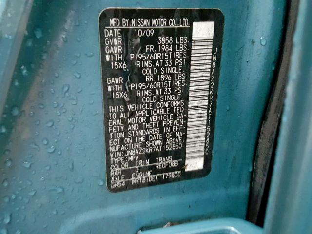 JN8AZ2KR7AT152850 - 2010 NISSAN CUBE BASE BLUE photo 10