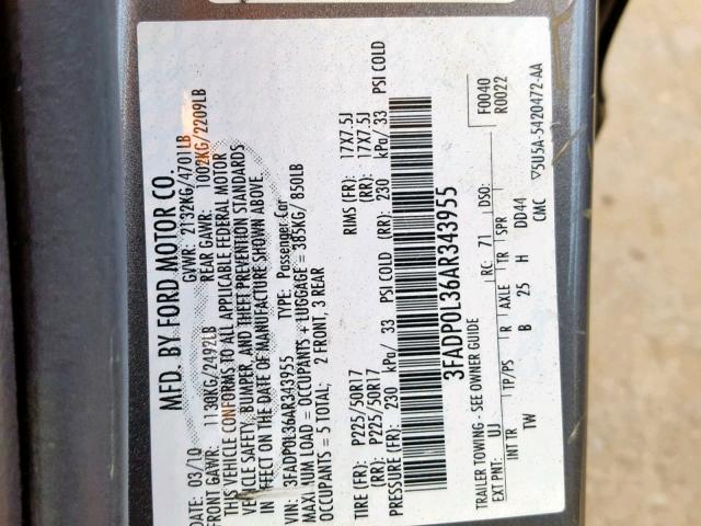 3FADP0L36AR343955 - 2010 FORD FUSION HYB GRAY photo 10