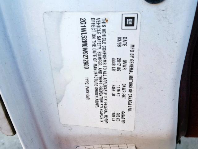 2G1WL52M0W9272909 - 1998 CHEVROLET LUMINA BAS 白色 照片 10