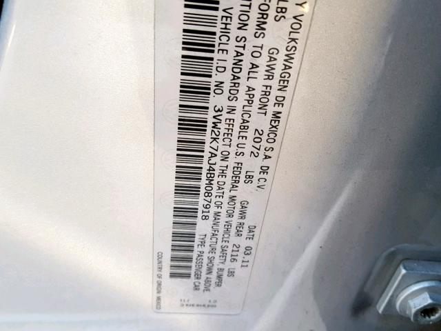 3VW2K7AJ4BM087918 - 2011 VOLKSWAGEN JETTA BASE SILVER photo 10