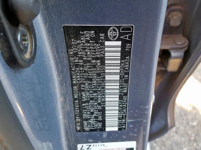 2T1KR32E38C710150 - 2008 TOYOTA COROLLA MA BLUE photo 10