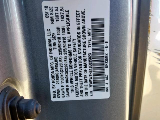 7FARW1H81JE035823 - 2018 HONDA CR-V EXL SILVER photo 10