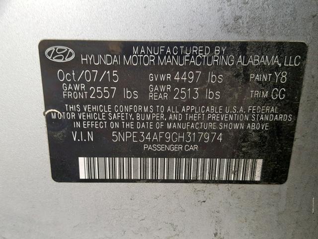 5NPE34AF9GH317974 - 2016 HYUNDAI SONATA SPO SILVER photo 10