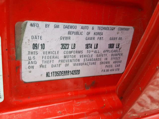 KL1TD5DE8BB142020 - 2011 CHEVROLET AVEO LS RED photo 10