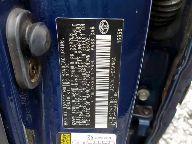 4T1BE32K96U152690 - 2006 TOYOTA CAMRY LE BLUE photo 10