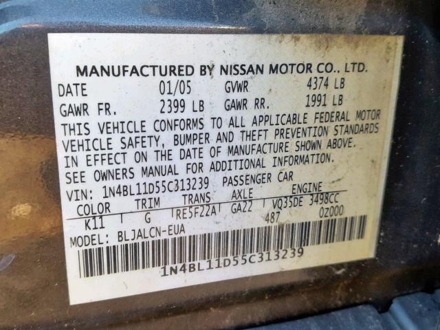 1N4BL11D55C313239 - 2005 NISSAN ALTIMA SE GRAY photo 10