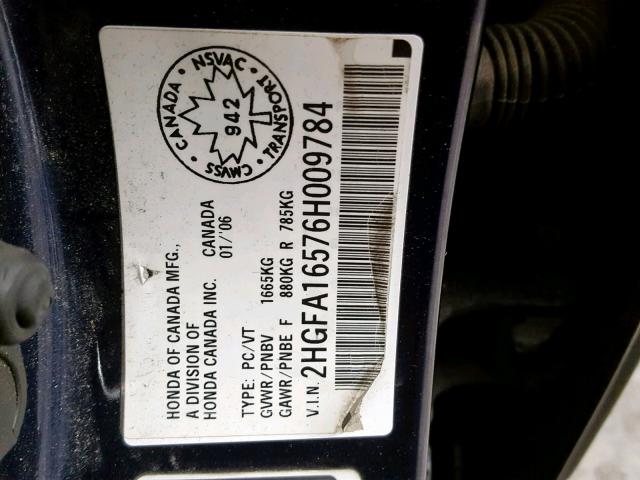 2HGFA16576H009784 - 2006 HONDA CIVIC LX BLUE photo 10