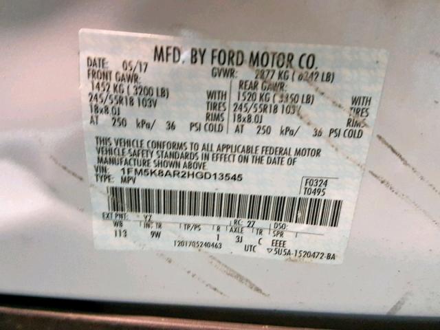 1FM5K8AR2HGD13545 - 2017 FORD EXPLORER P WHITE photo 10