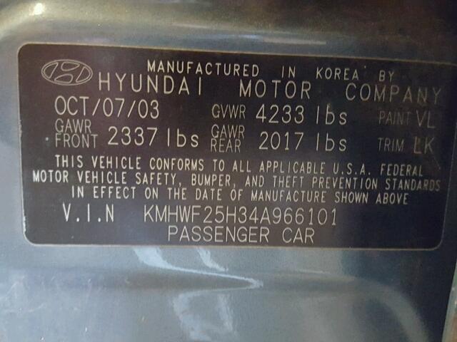 KMHWF25H34A966101 - 2004 HYUNDAI SONATA GL GREEN photo 10