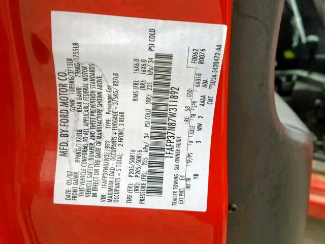 1FAFP37N87W311892 - 2007 FORD FOCUS ZX5 RED photo 10