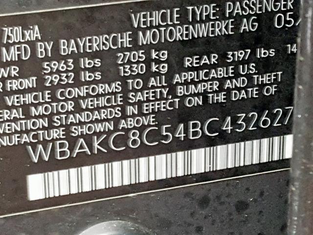 WBAKC8C54BC432627 - 2011 BMW 750LI GRAY photo 10