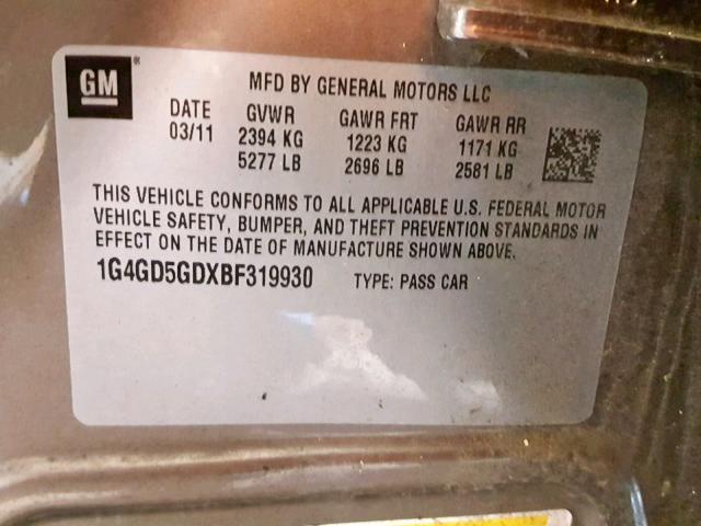 1G4GD5GDXBF319930 - 2011 BUICK LACROSSE C GRAY photo 10